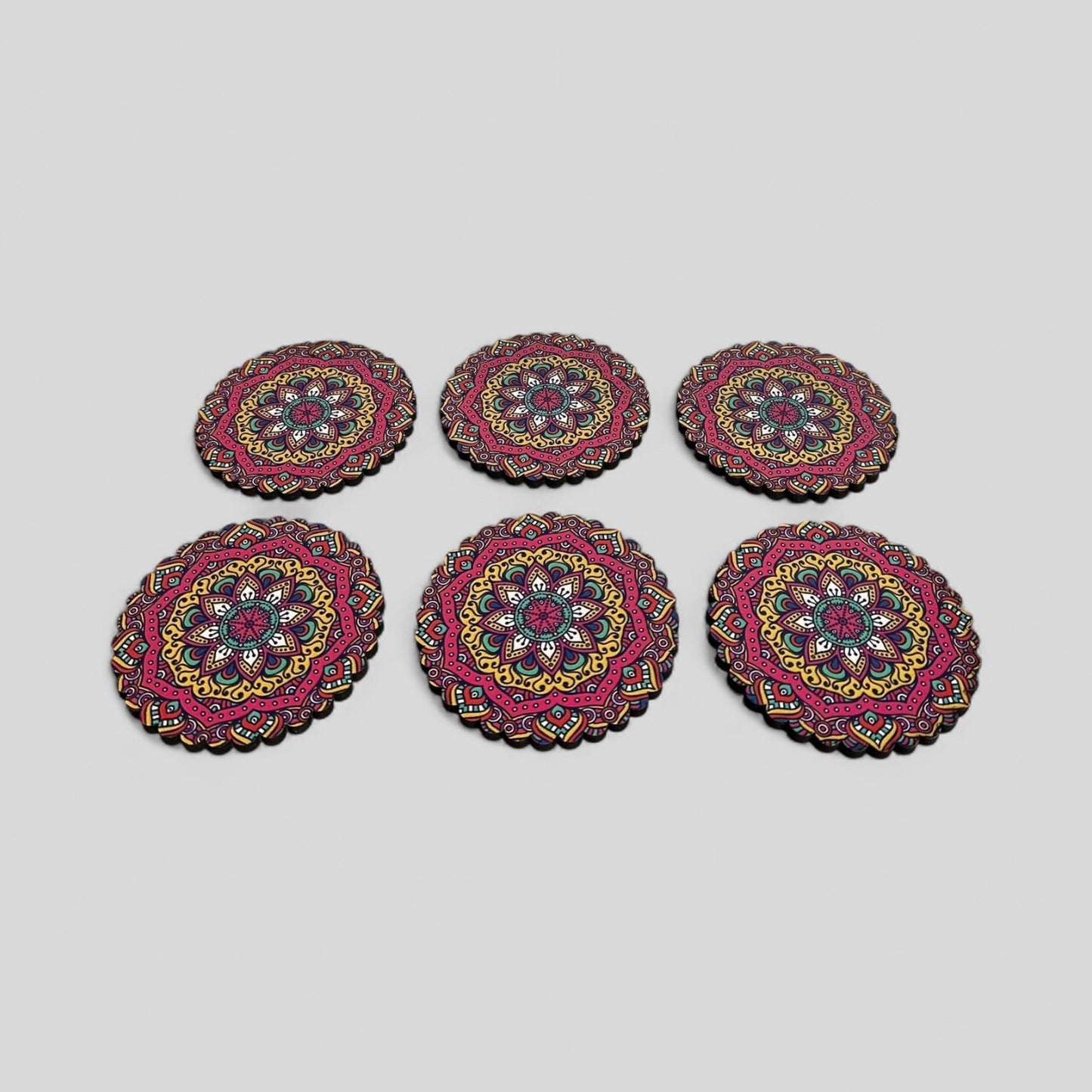 6 Pack Turkish Wooden Coaster Set with Holder - Bright Multicolor Floral Mandala -- Made in Turkey