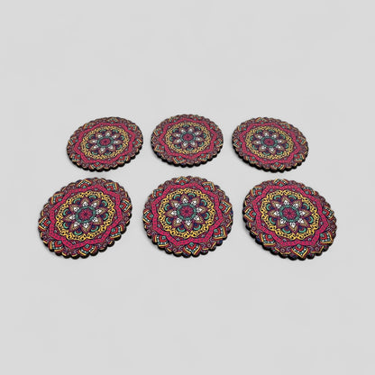 6 Pack Turkish Wooden Coaster Set with Holder - Bright Multicolor Floral Mandala -- Made in Turkey