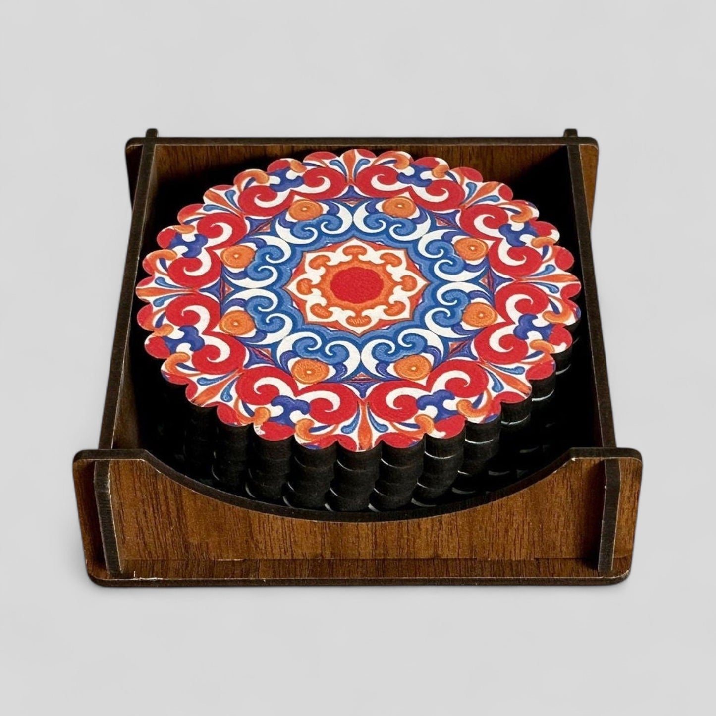 6 Pack Turkish Wooden Coaster Set with Holder - Bright Red, Orange, Blue Floral Mandala -- Made in Turkey