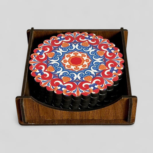 6 Pack Turkish Wooden Coaster Set with Holder - Bright Red, Orange, Blue Floral Mandala -- Made in Turkey