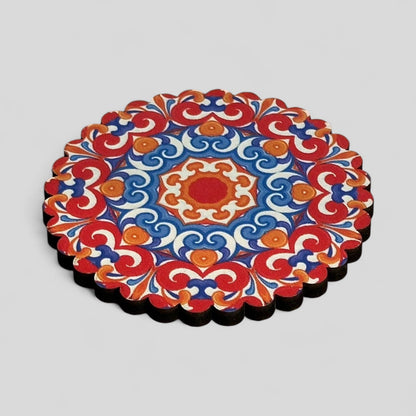 6 Pack Turkish Wooden Coaster Set with Holder - Bright Red, Orange, Blue Floral Mandala -- Made in Turkey