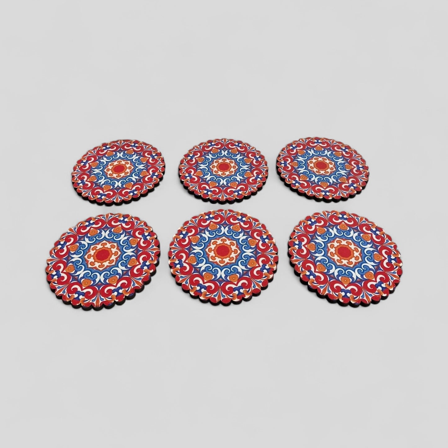 6 Pack Turkish Wooden Coaster Set with Holder - Bright Red, Orange, Blue Floral Mandala -- Made in Turkey