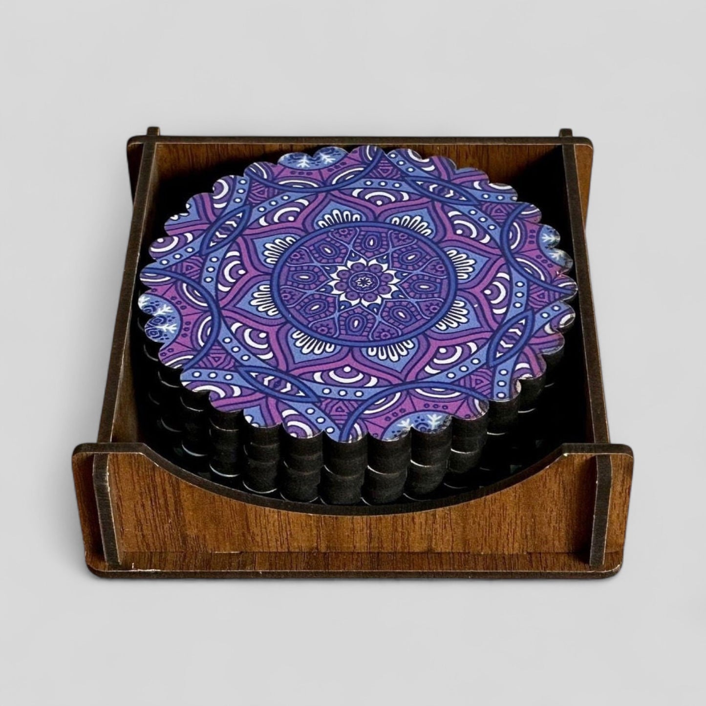 6 Pack Turkish Wooden Coaster Set with Holder - Dark Purple Floral Mandala -- Made in Turkey