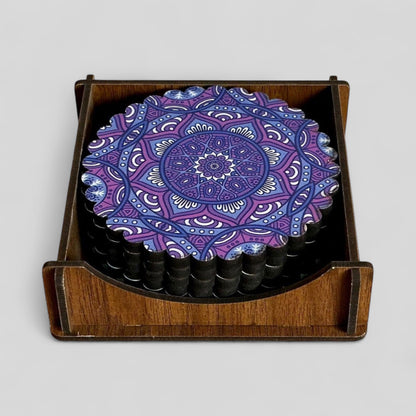 6 Pack Turkish Wooden Coaster Set with Holder - Dark Purple Floral Mandala -- Made in Turkey