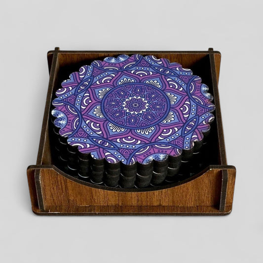 6 Pack Turkish Wooden Coaster Set with Holder - Dark Purple Floral Mandala -- Made in Turkey