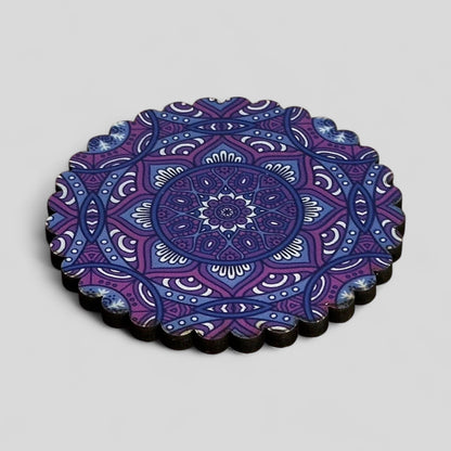 6 Pack Turkish Wooden Coaster Set with Holder - Dark Purple Floral Mandala -- Made in Turkey