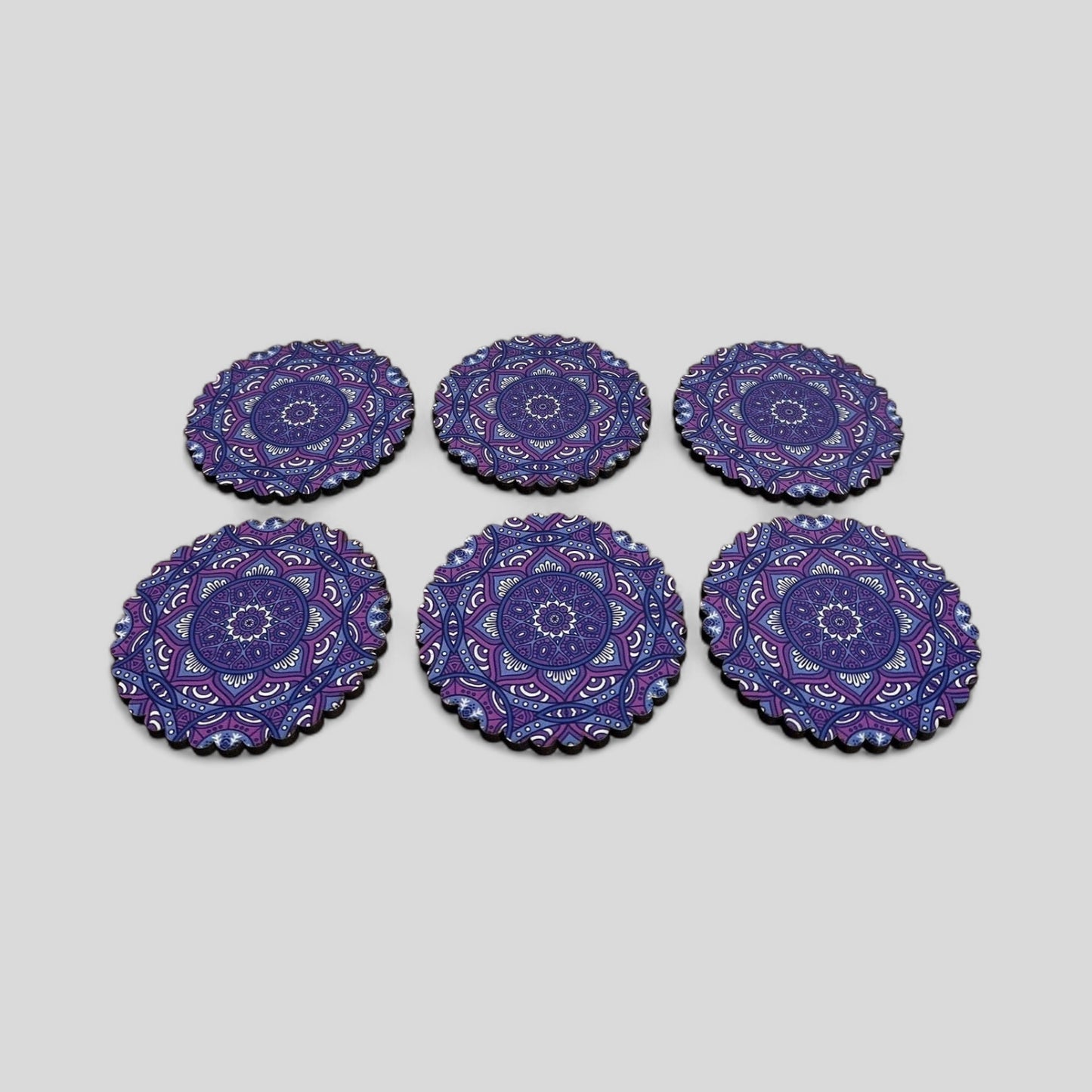 6 Pack Turkish Wooden Coaster Set with Holder - Dark Purple Floral Mandala -- Made in Turkey