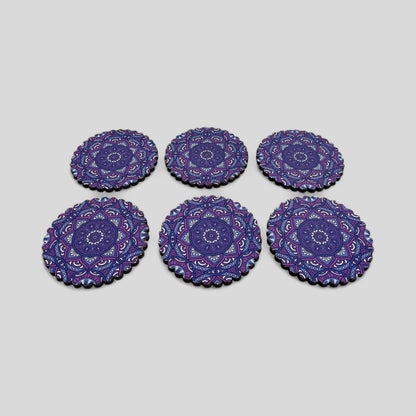 6 Pack Turkish Wooden Coaster Set with Holder - Dark Purple Floral Mandala -- Made in Turkey