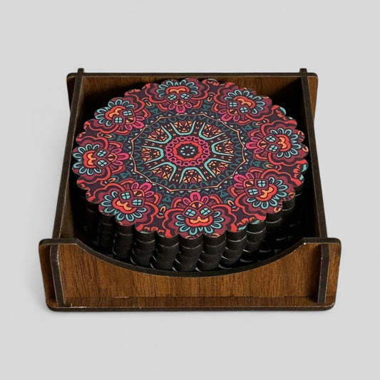 6 Pack Turkish Wooden Coaster Set with Holder - Dark Purple Maroon Floral Mandala -- Made in Turkey