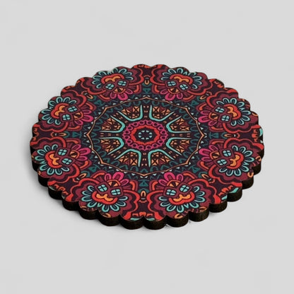 6 Pack Turkish Wooden Coaster Set with Holder - Dark Purple Maroon Floral Mandala -- Made in Turkey