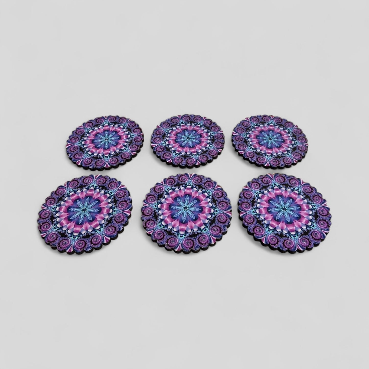 6 Pack Turkish Wooden Coaster Set with Holder - Purple Tone Floral Mandala -- Made in Turkey