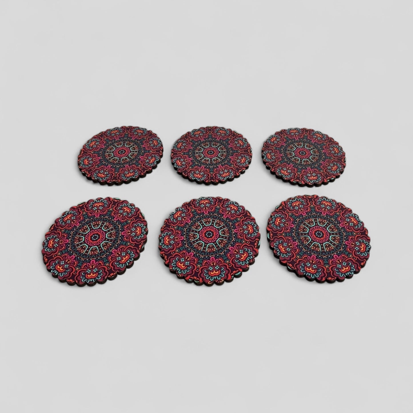 6 Pack Turkish Wooden Coaster Set with Holder - Dark Purple Maroon Floral Mandala -- Made in Turkey