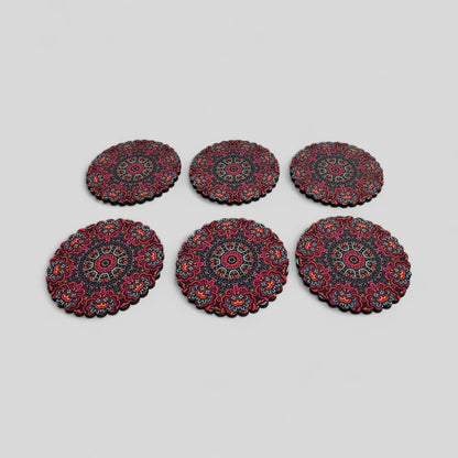 6 Pack Turkish Wooden Coaster Set with Holder - Dark Purple Maroon Floral Mandala -- Made in Turkey