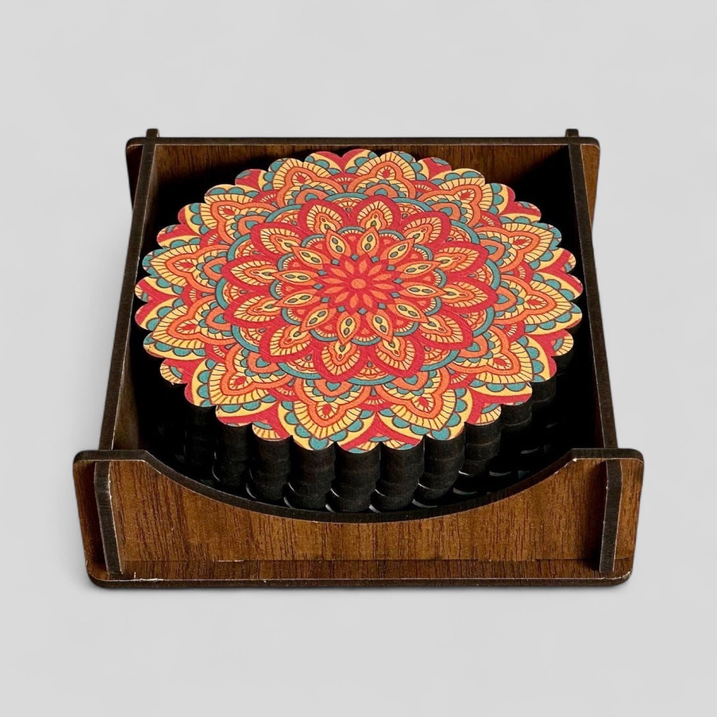 6 Pack Turkish Wooden Coaster Set with Holder - Orange, Red, Yellow Sunburst Mandala -- Made in Turkey