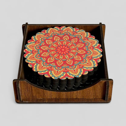 6 Pack Turkish Wooden Coaster Set with Holder - Orange, Red, Yellow Sunburst Mandala -- Made in Turkey