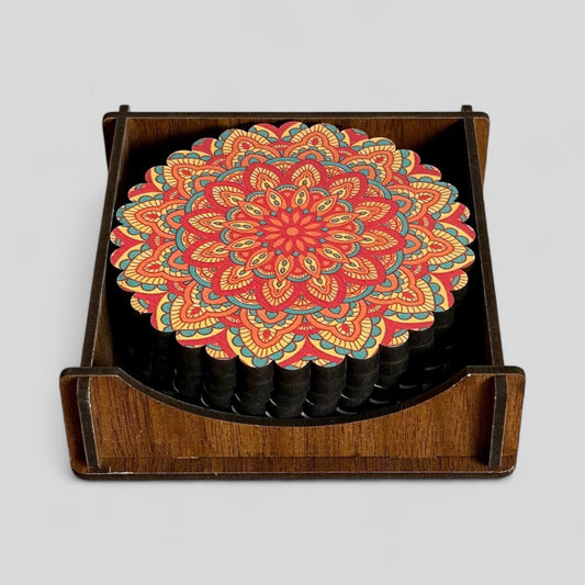 6 Pack Turkish Wooden Coaster Set with Holder - Orange, Red, Yellow Sunburst Mandala -- Made in Turkey