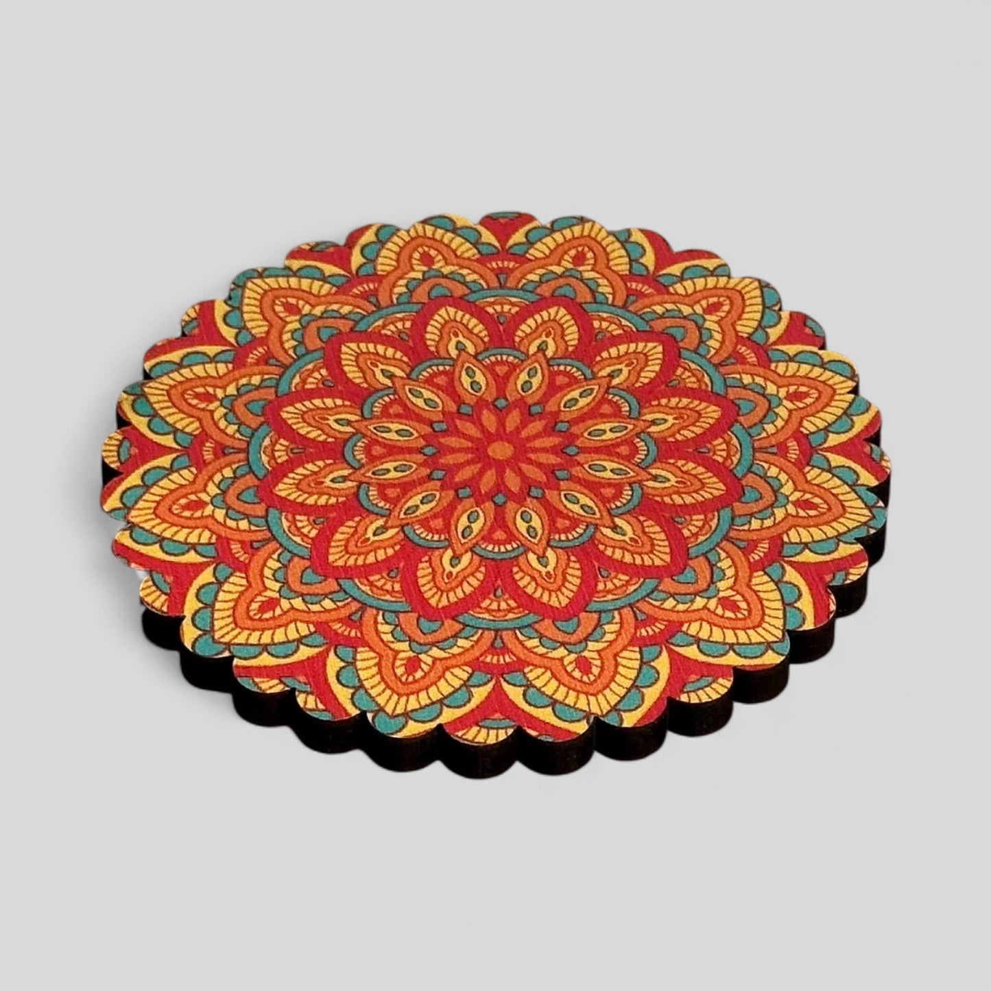 6 Pack Turkish Wooden Coaster Set with Holder - Orange, Red, Yellow Sunburst Mandala -- Made in Turkey