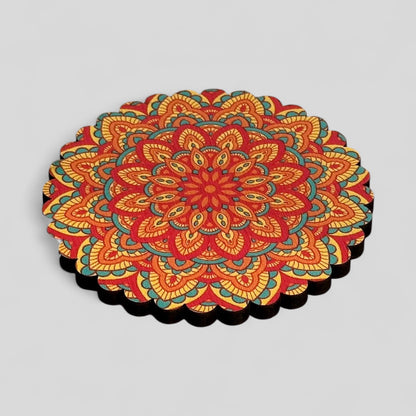 6 Pack Turkish Wooden Coaster Set with Holder - Orange, Red, Yellow Sunburst Mandala -- Made in Turkey
