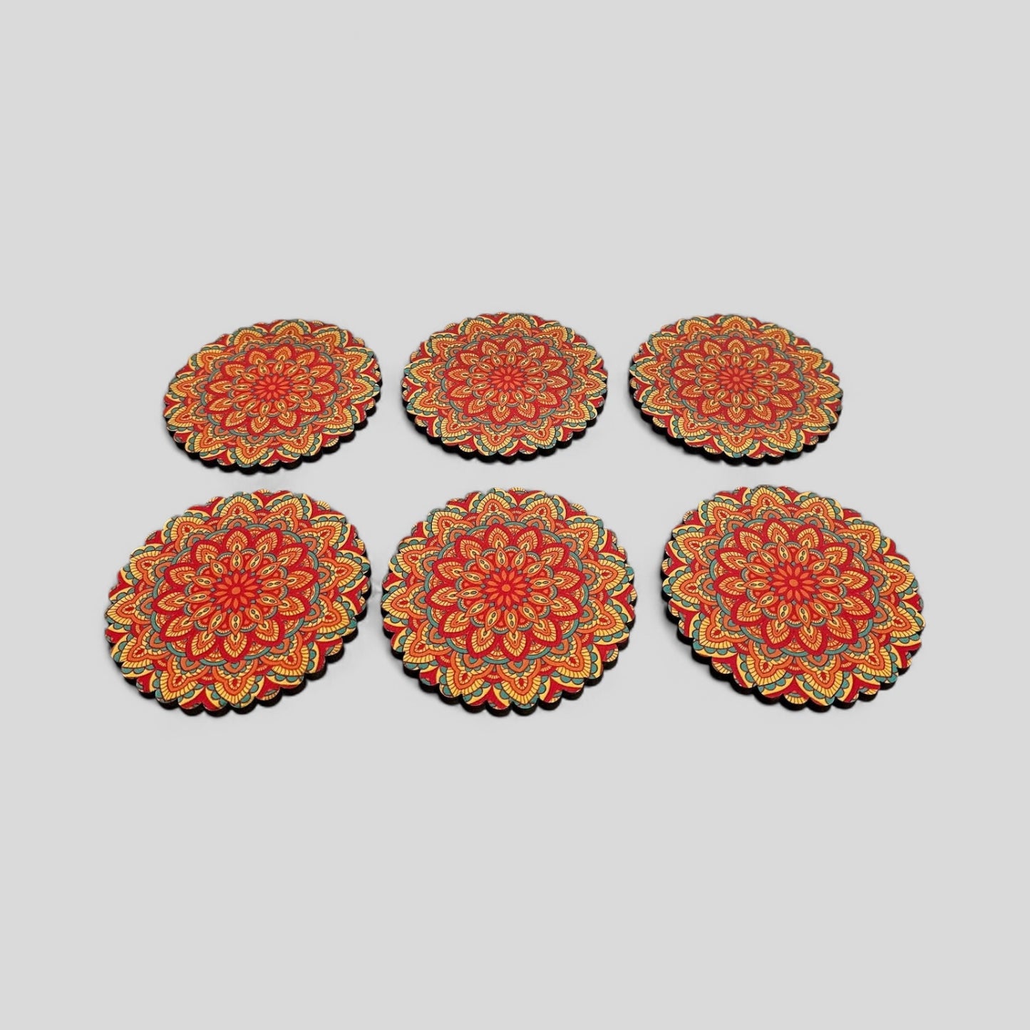 6 Pack Turkish Wooden Coaster Set with Holder - Orange, Red, Yellow Sunburst Mandala -- Made in Turkey