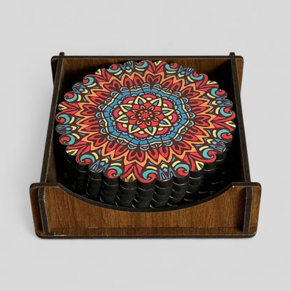 6 Pack Turkish Wooden Coaster Set with Holder - Red, Orange, Blue -- Warm Tone Mandala -- Made in Turkey