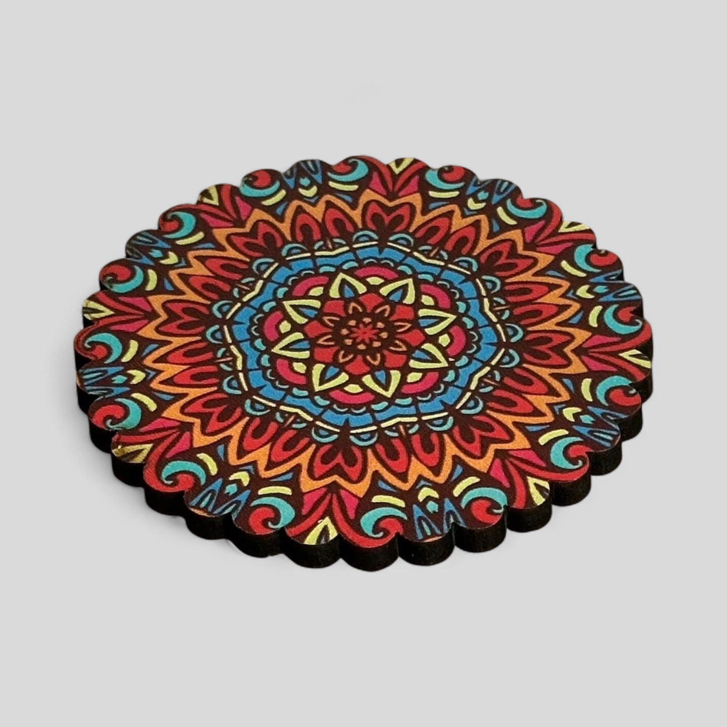 6 Pack Turkish Wooden Coaster Set with Holder - Red, Orange, Blue -- Warm Tone Mandala -- Made in Turkey