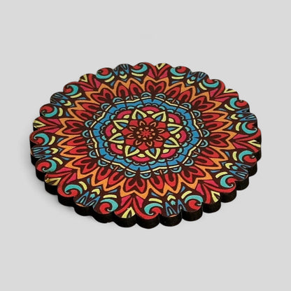6 Pack Turkish Wooden Coaster Set with Holder - Red, Orange, Blue -- Warm Tone Mandala -- Made in Turkey