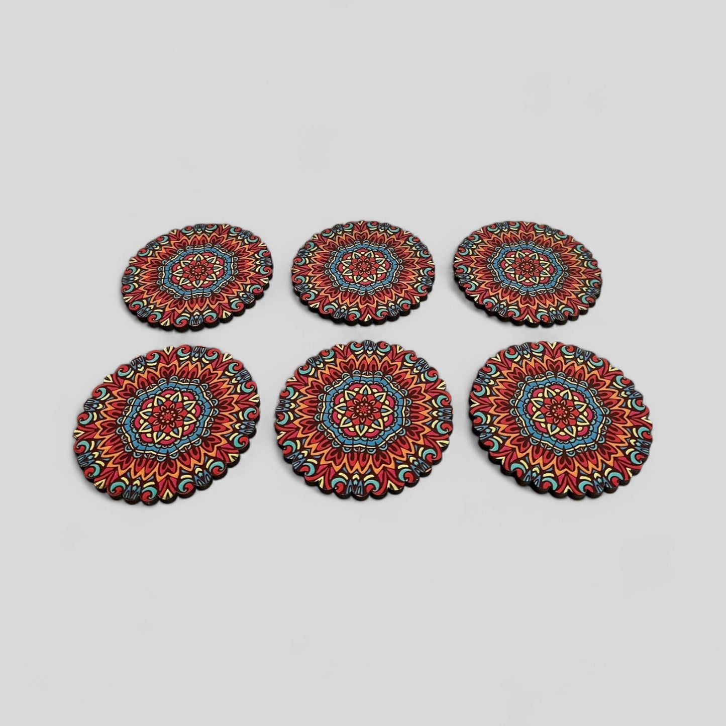 6 Pack Turkish Wooden Coaster Set with Holder - Red, Orange, Blue -- Warm Tone Mandala -- Made in Turkey