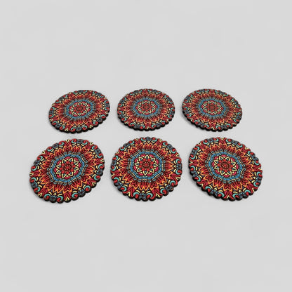 6 Pack Turkish Wooden Coaster Set with Holder - Red, Orange, Blue -- Warm Tone Mandala -- Made in Turkey