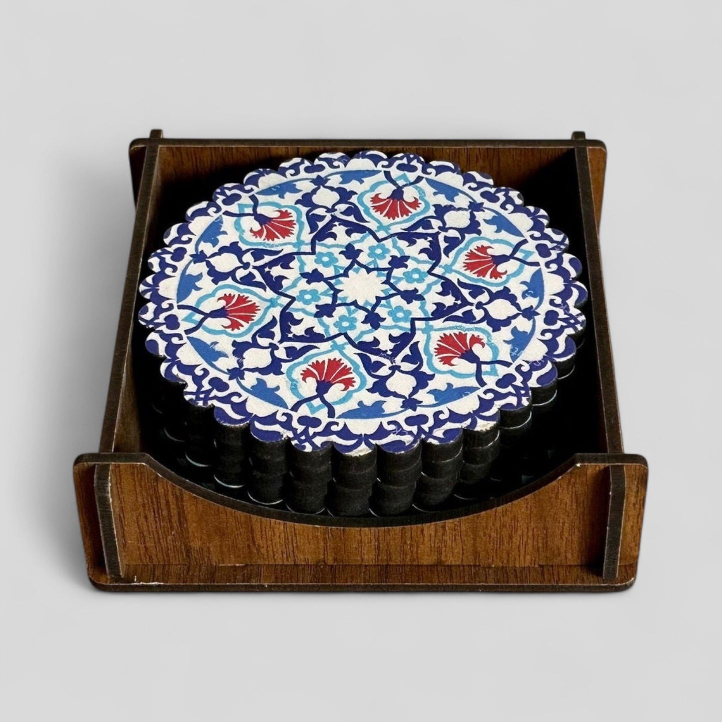 6 Pack Turkish Wooden Coaster Set with Holder - Blue and Red Floral Mandala -- Made in Turkey