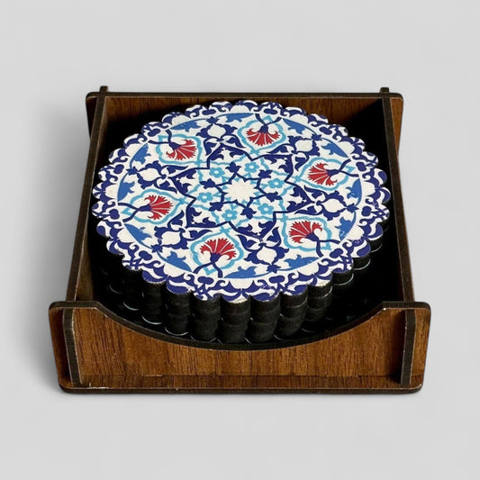6 Pack Turkish Wooden Coaster Set with Holder - Blue and Red Floral Mandala -- Made in Turkey