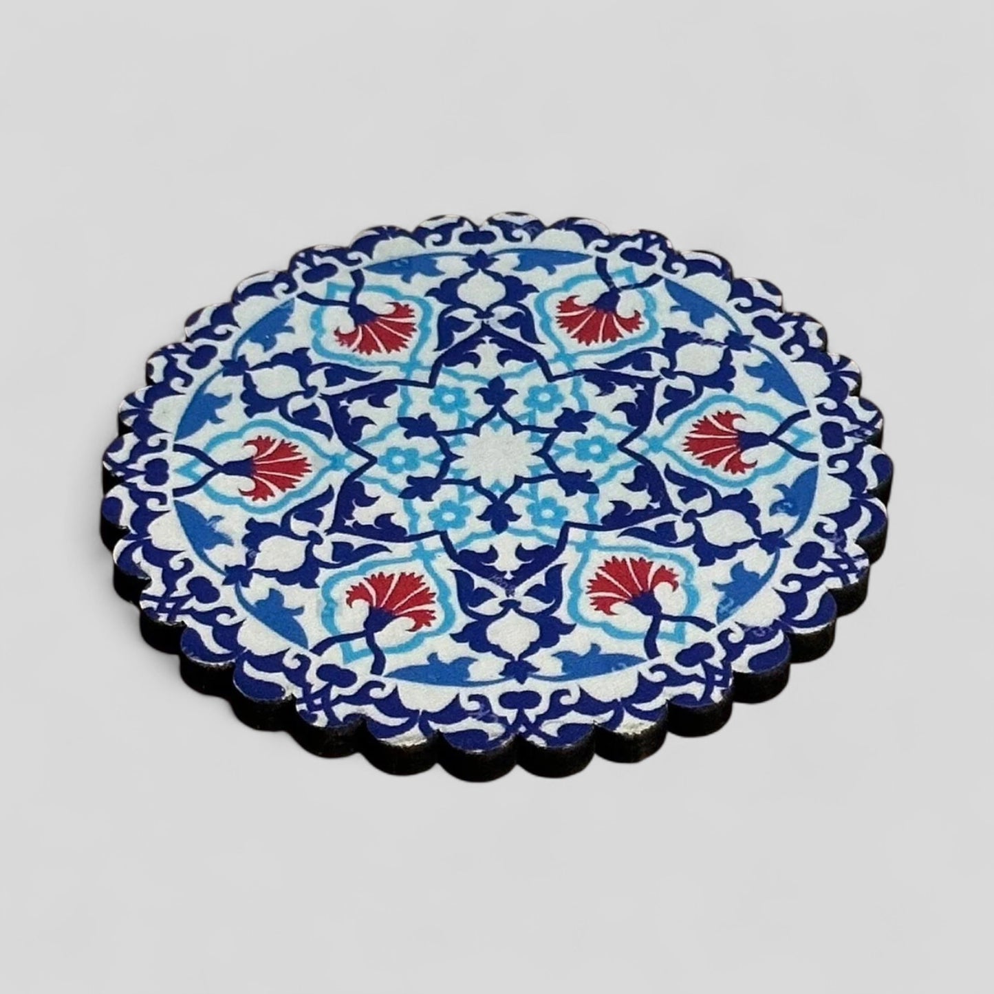 6 Pack Turkish Wooden Coaster Set with Holder - Blue and Red Floral Mandala -- Made in Turkey