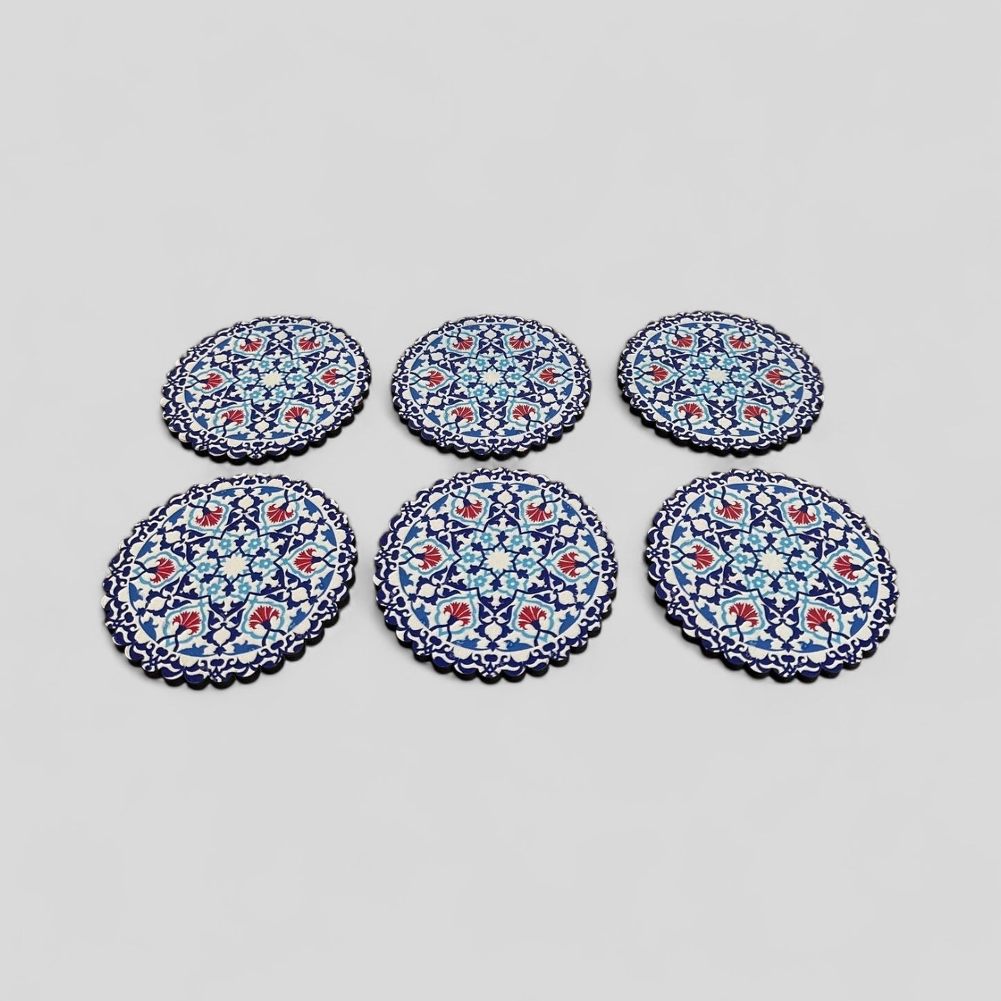 6 Pack Turkish Wooden Coaster Set with Holder - Blue and Red Floral Mandala -- Made in Turkey