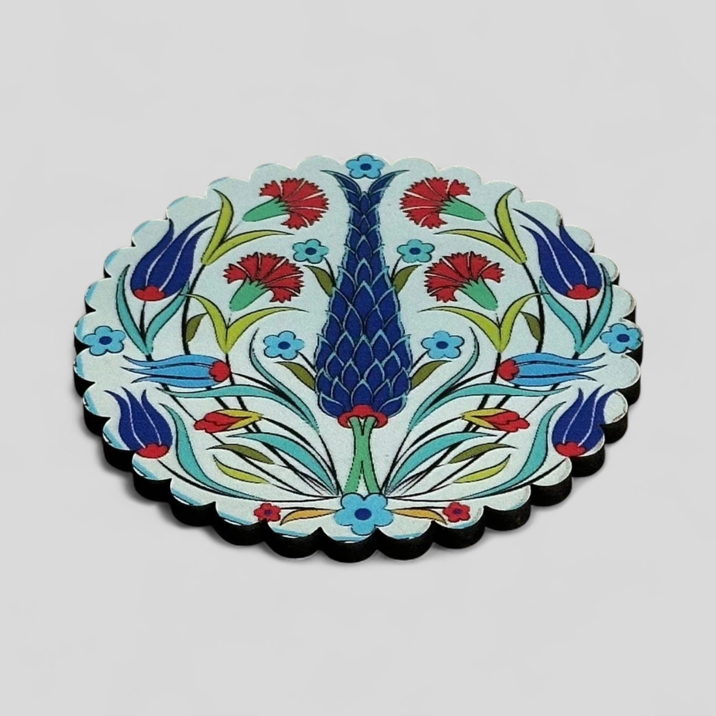 6 Pack Turkish Wooden Coaster Set with Holder - Blue Ottoman Tulips -- Made in Turkey