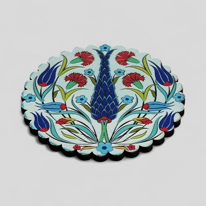 6 Pack Turkish Wooden Coaster Set with Holder - Blue Ottoman Tulips -- Made in Turkey