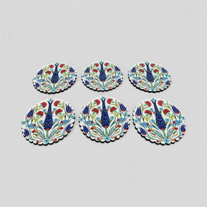 6 Pack Turkish Wooden Coaster Set with Holder - Blue Ottoman Tulips -- Made in Turkey