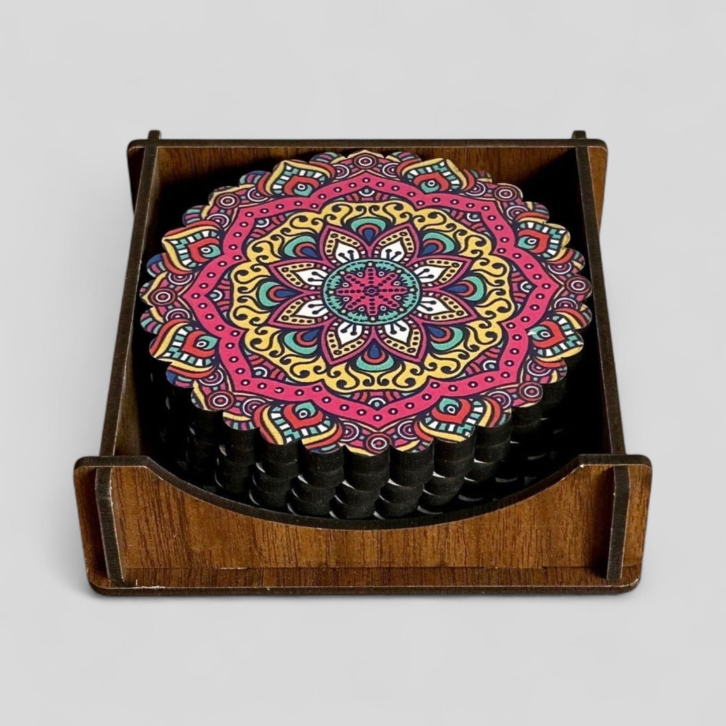 6 Pack Turkish Wooden Coaster Set with Holder - Bright Multicolor Floral Mandala -- Made in Turkey