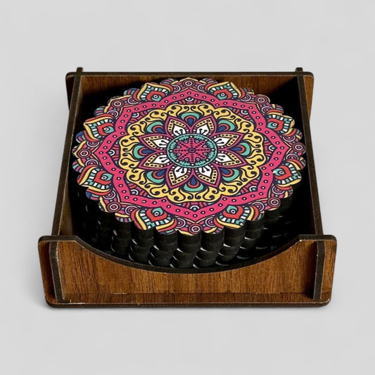 6 Pack Turkish Wooden Coaster Set with Holder - Bright Multicolor Floral Mandala -- Made in Turkey