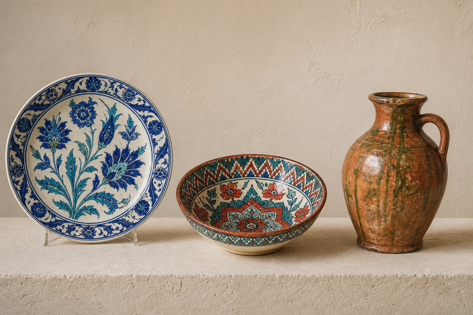 Iznik-inspired floral plate, colorful patterned bowl and rustic glazed Turkish ceramic vessel displayed side by side