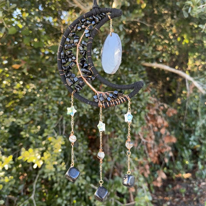 Black Crescent Moon Dreamcatcher Suncatcher Black Obsidian with Hanging Sliced Agate & Hanging Jewel Charms -- Window Hanging or Wall Hanging