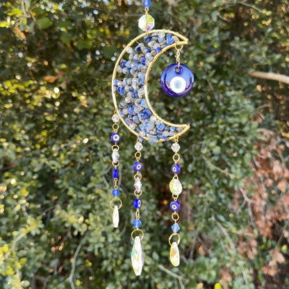 Gold Metal Crescent Moon Dreamcatcher Suncatcher with Swirls & Hanging Butterfly and Heart Jewel Charms  -- Window Hanging or Wall Hanging