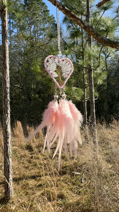 Handmade Pink Heart Shape Tree of Life Dreamcatcher with Pink Feathers - Rose Quartz Rearview Mirror Hanging or Wall Hanging