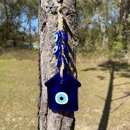 Wall Hanging Macrame Evil Eye Nazar Boncuk Mal De Ojo, Modern Boho Style Home Decor -- House Amulet with 6 Evil Eyes, Housewarming Gift