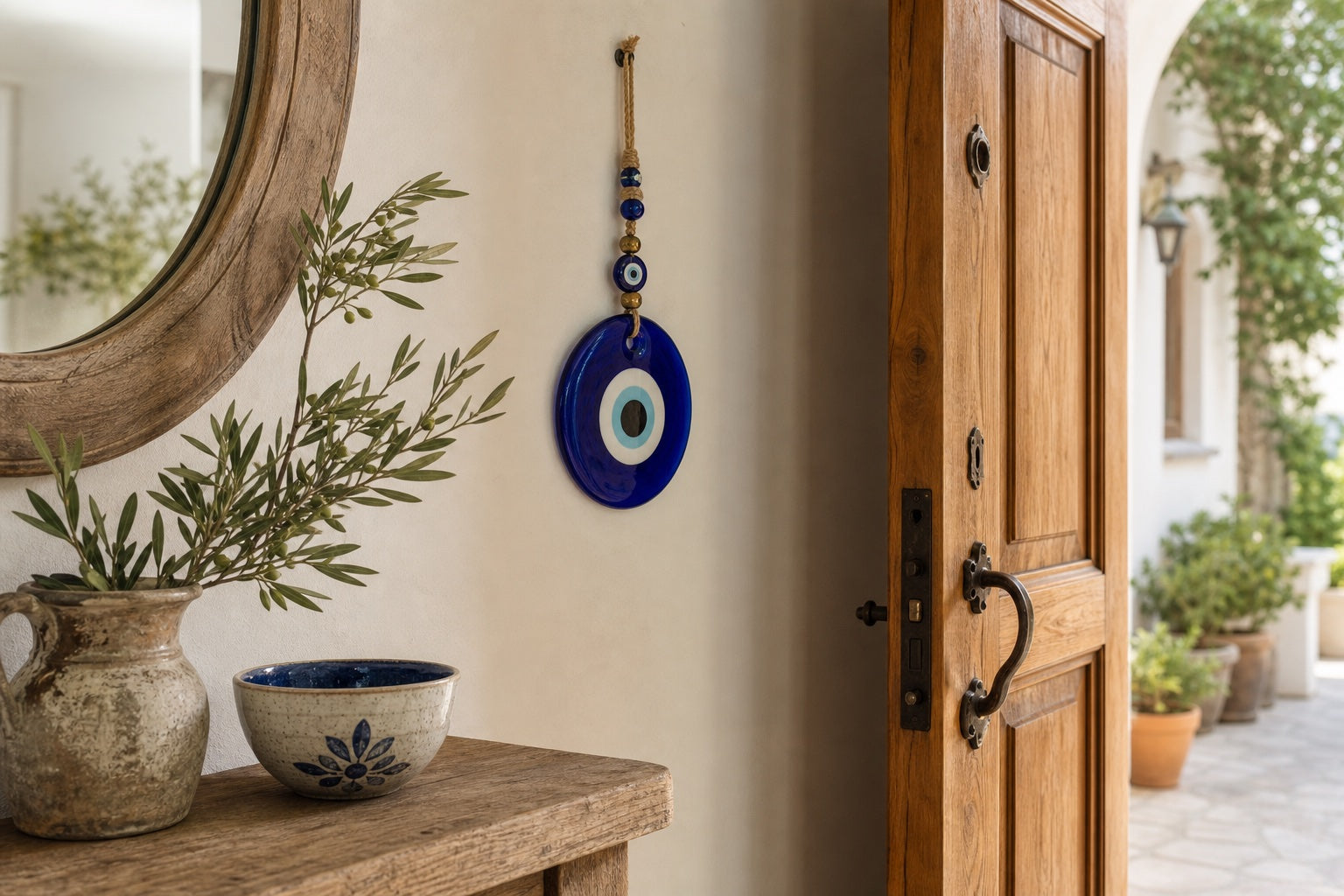 Blue glass evil-eye wall hanging displayed inside a warm home entryway