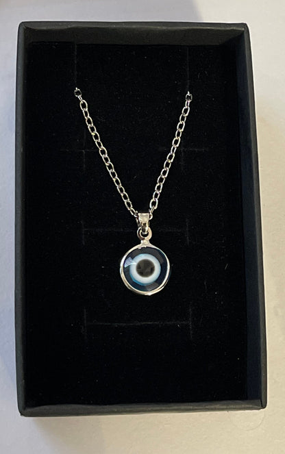 Mini Evil Eye Nazar Boncuk Mal de Ojo Pendant Necklace with Gift Box — Evil Eye Charm, Stainless Steel Chain — Blue, Light Blue, White
