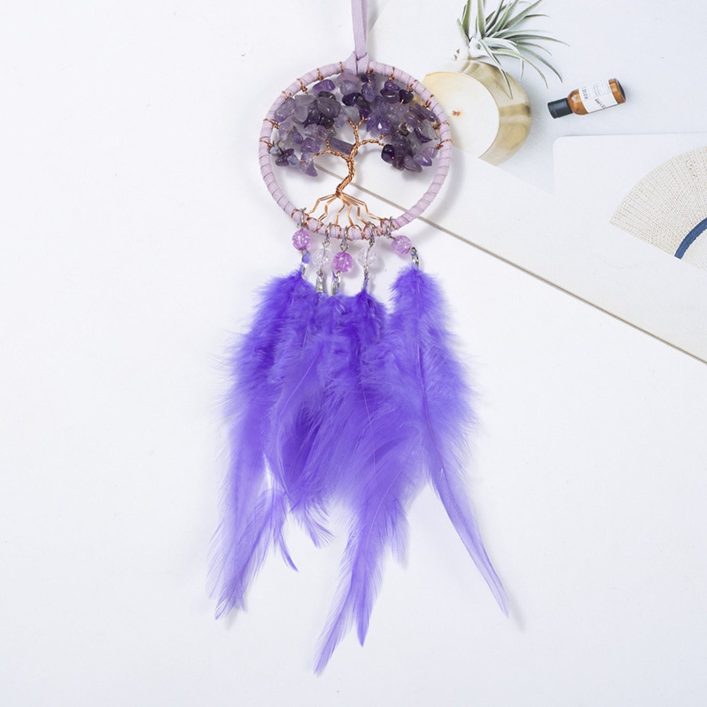 Handmade Purple Tree of Life Dreamcatcher with Purple Feathers - Amethyst Stones -- Rearview Mirror Hanging or Wall Hanging -- Quick Ship!
