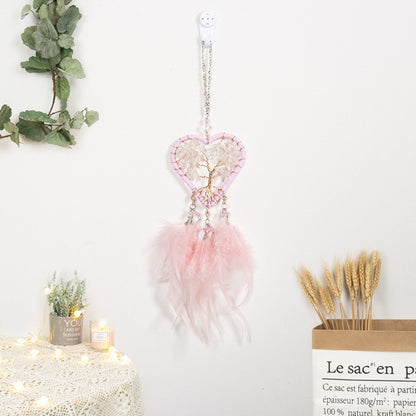 Handmade Pink Heart Shape Tree of Life Dreamcatcher with Pink Feathers - Rose Quartz Rearview Mirror Hanging or Wall Hanging -- Quick Ship!