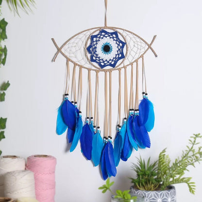 Large Wall Hanging Evil Eye Nazar Boncuk Mal De Ojo Dream Catcher with Feathers, Modern Boho Style Home Decor -- Quick Ship!
