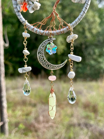 Handmade Tree of Life Dreamcatcher with Crescent Moon Charm - Rearview Mirror Suncatcher Hanging or Wall Hanging - White Stones