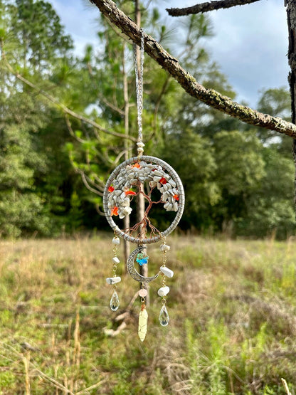 Handmade Tree of Life Dreamcatcher with Crescent Moon Charm - Rearview Mirror Suncatcher Hanging or Wall Hanging - White Stones