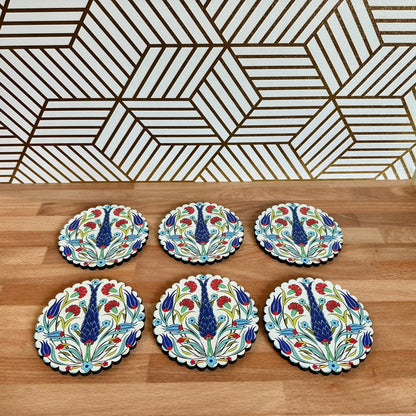 6 Pack Turkish Wooden Coaster Set with Holder - Blue Ottoman Tulips -- Made in Turkey -- Quick Ship